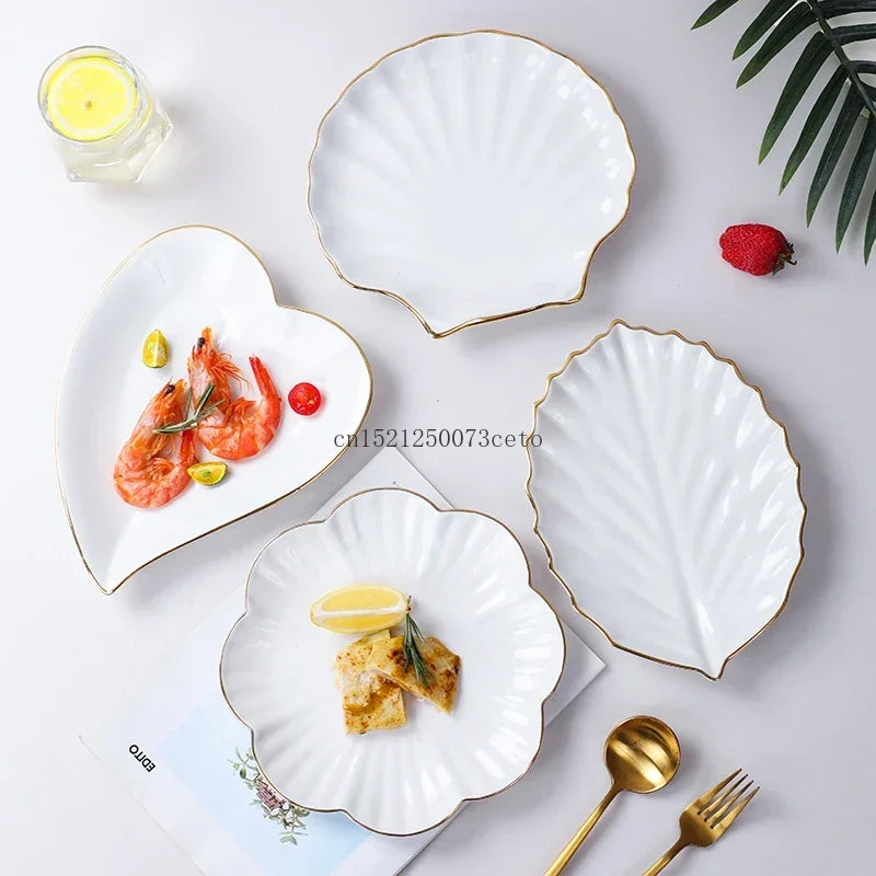 European Golden edged ceramic plate creative home serving plate special-shaped ceramic cutlery dinner plates fruit snack plates.
