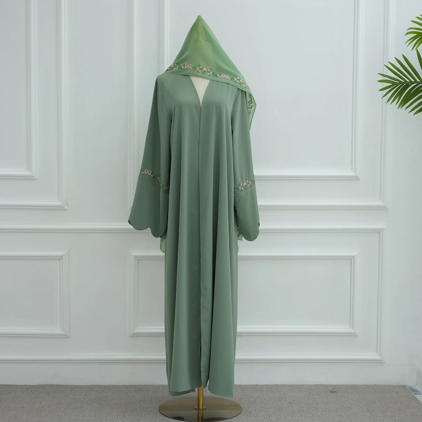 Front Open Abaya with Hijab 2 Piece Set Muslim Embroidery Abayas for Women Dubai Modest Islamic Clothing Kaftan Turkish Dresses