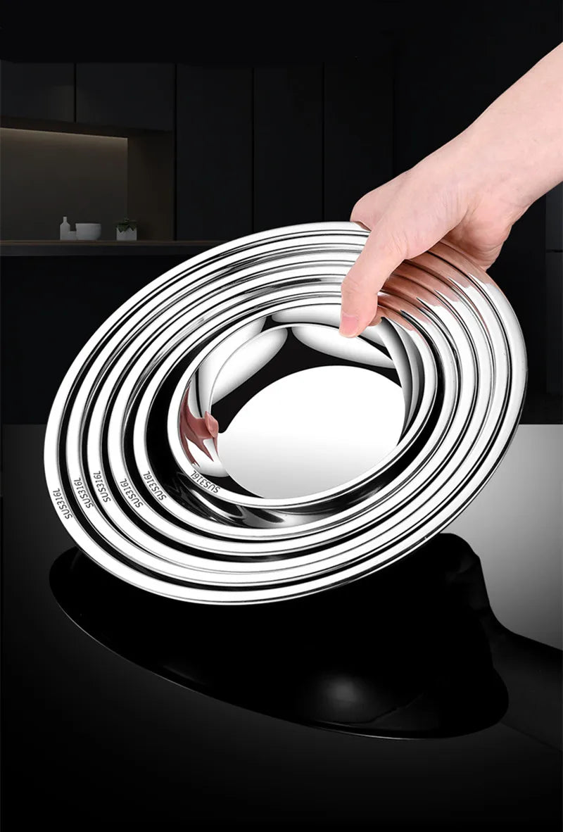 Thick Round 316 Stainless Steel Dinner Plate Food Grade Trays Salad Fruit Meal Pan Kitchen Steak Seafood Flat Cooking Bowls.