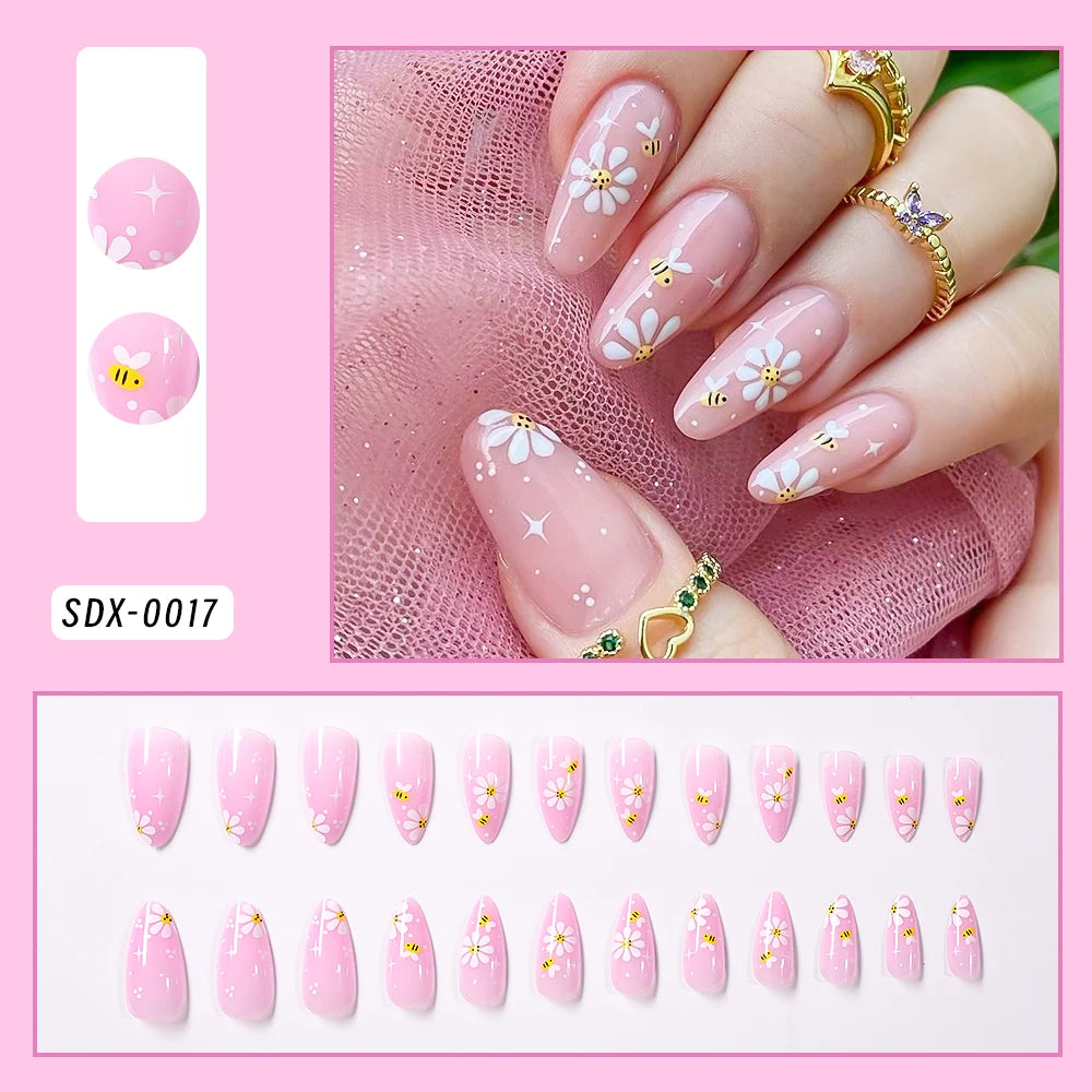 24Pcs Gold Ripple Brown Flowers False Nails with Rhinestones Pearl Design Wearable Almond False Nails Full Cover Press on Nails.