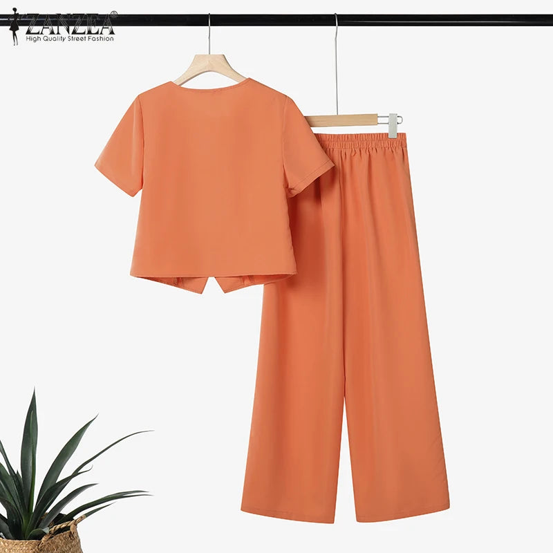 ZANZEA Fashion 2 Piece Sets Woman Elegant V-Neck Short Sleeve Shirts Wide Leg Pants 2pcs Suits Office Lady Commuting Pant Sets.