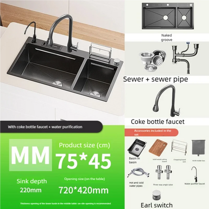 Waterfall Kitchen Sink Stainless Steel Large Double Slot With Chopping Board Rack Knife Holder Multifunctional Dishwash Basin