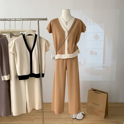 Fashion Knitted 2 Pieces Sets Women V-Neck Single Breasted Cardigan+High Waist Wide Leg Long Pants 2024 New Solid Sweater Suits.