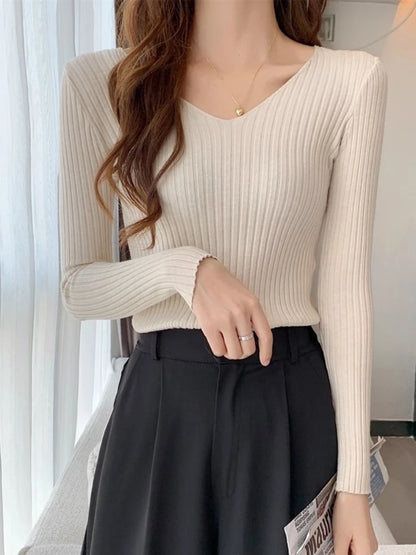 2025 einfarbig Schlank Pullover Koreanische Herbst Winter V-ausschnitt Pullover Mode Lässig Langarm Gestrickte Pullover Frauen Kleidung