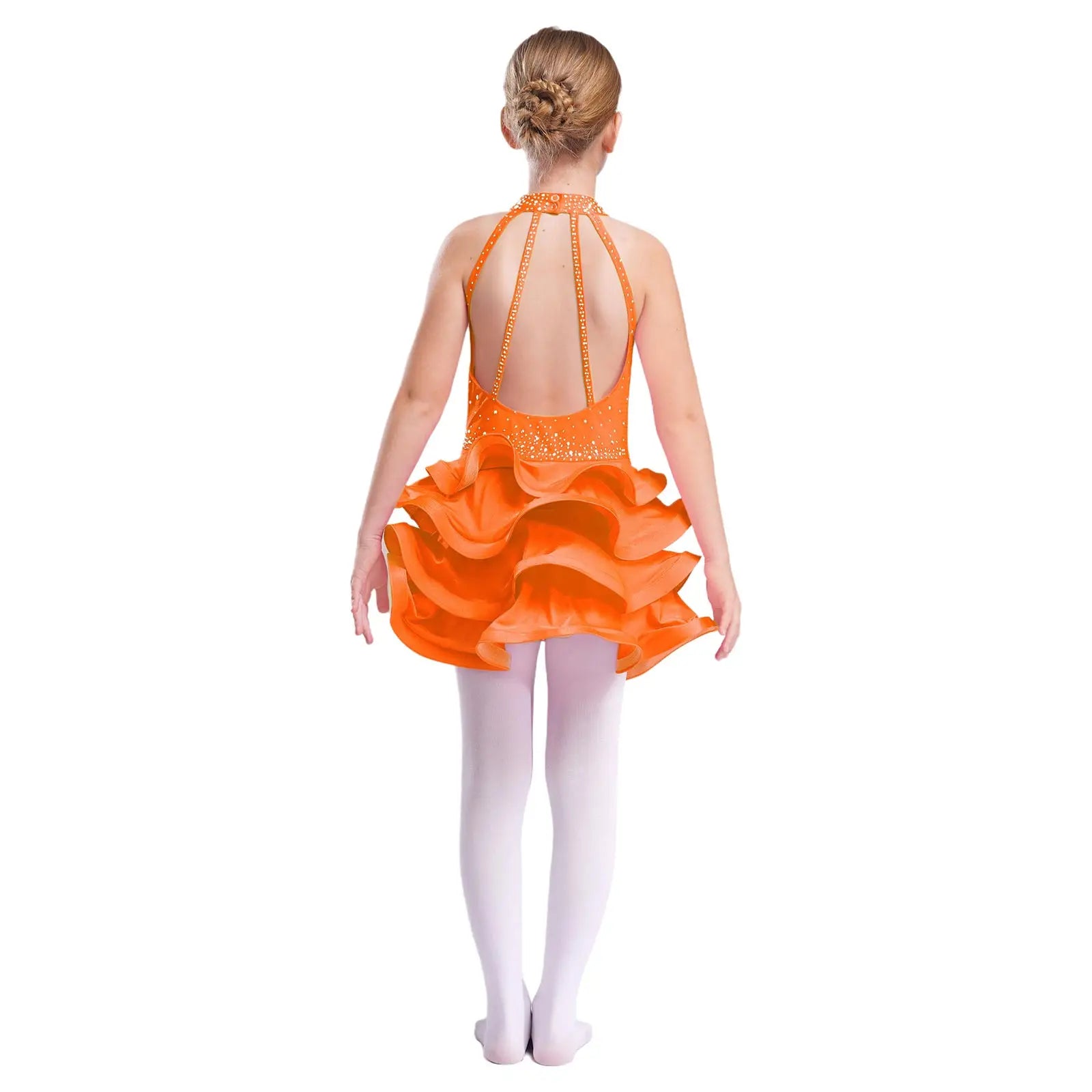 Eiskunstlauf-Kostüm für Teenager-Mädchen, lateinamerikanischer Tanz, Cha-Cha, Tango, Performance-Tanzbekleidung, ärmelloses, gestuftes Kleid mit Strasssteinen.