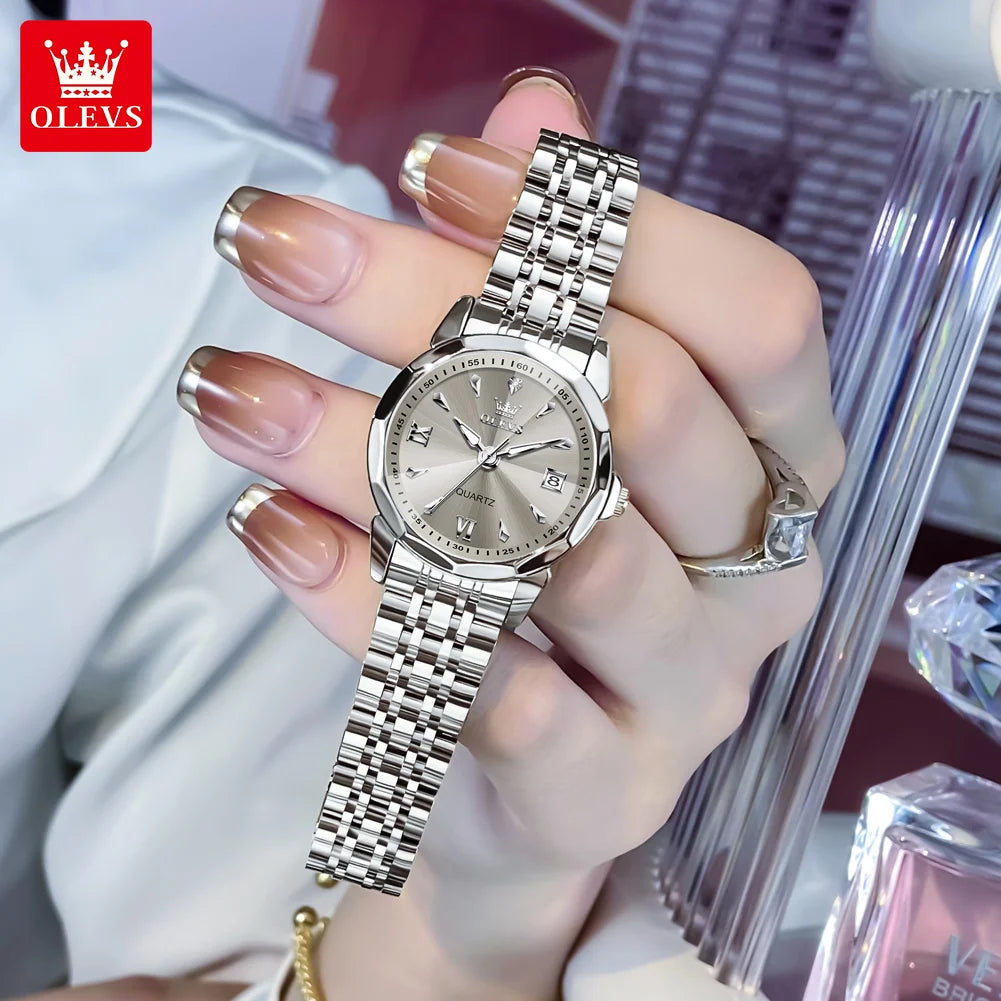 OLEVS Elegant Fashion Ladies Watches 9998 Original Quartz Women's Watches Waterproof Stainless Steel Luminous Date Wristwatch.