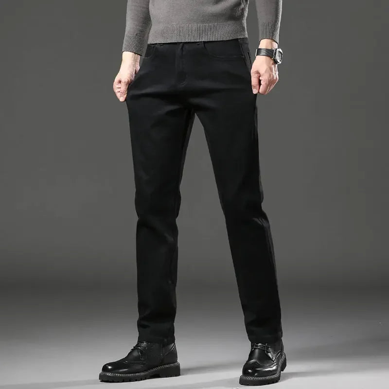 Men's Black Straight Leg Jeans Casual Elastic Business Pants High Waist Slim Fit Long Trousers New 2025 Gray Color.