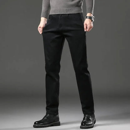 Men's Black Straight Leg Jeans Casual Elastic Business Pants High Waist Slim Fit Long Trousers New 2025 Gray Color.