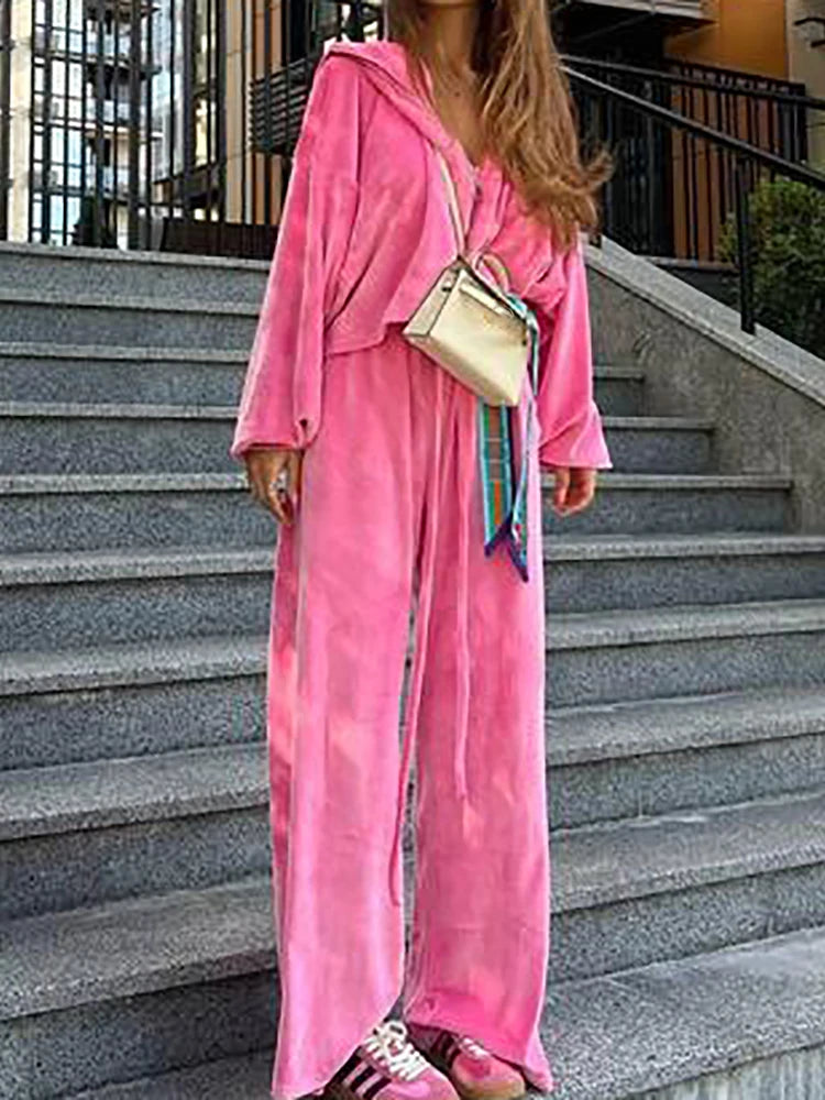 Women Autumn Hooded Coat Two Pieces Sets, Solid Patchwork Wide Leg Pants Chic Outfit, New Long Sleeve Casual Simple Ladies Suits.