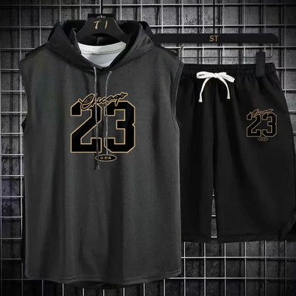 The 2025 new breathable model Men's summer sports suit printed loose breathable short sleeve + jogging shorts suit.