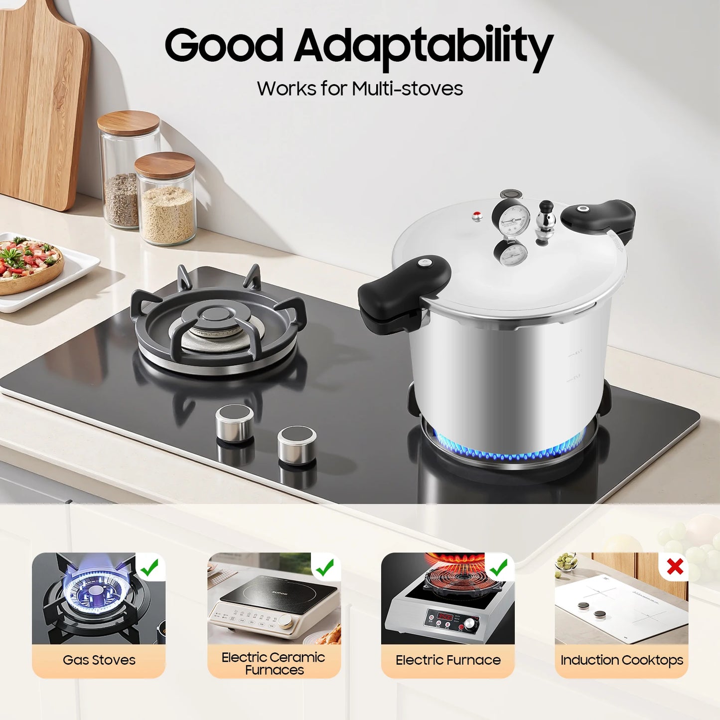 22L Thickened Explosion-proof Pressure Cooker Silver Aluminium Alloy Cylindrical 90Kpa High Pressure Pot with Outer Lid.