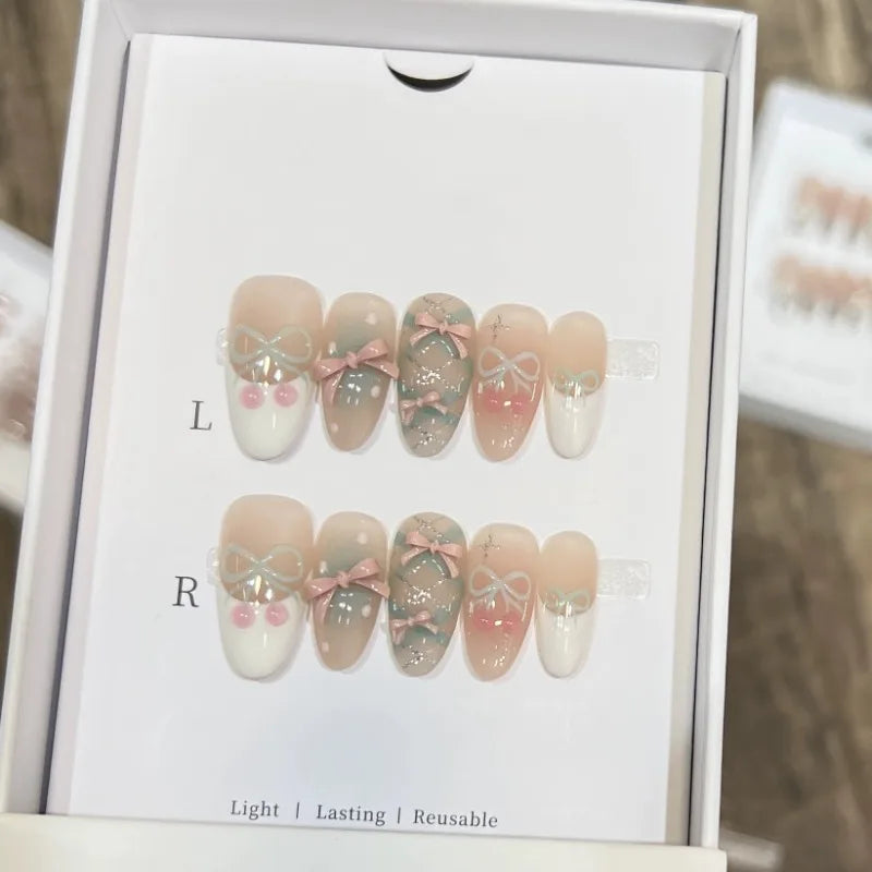 10pc Cat Eye Almond Handmade Press on Nails Light Blue Bow Fake Nails False Nails Artificial Nail Wearable Nail Tips Art Uñas.