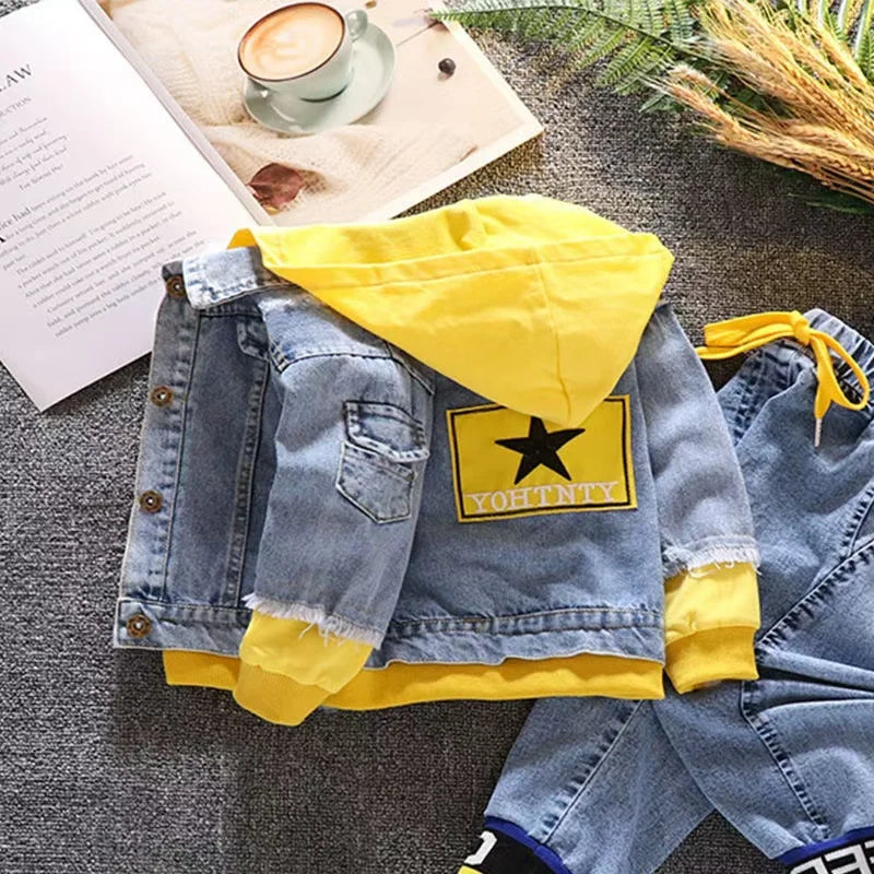2024 Autumn Winter Boys Jean Set Jacket New Cowboy Jeans Suit Jacket Handsome Children Clothing.