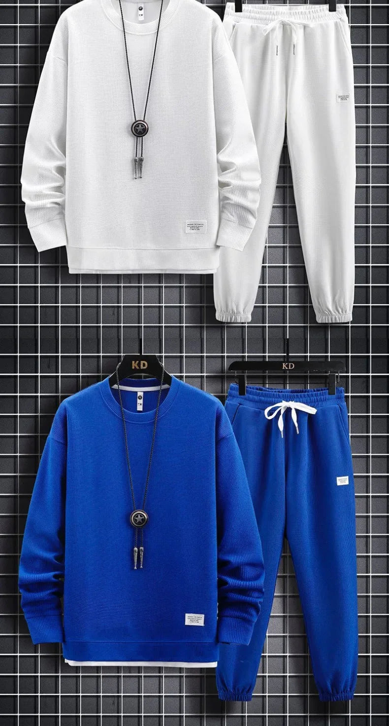 New Autumn Men's Fashion Sportswear Set Long Sleeve T-Shirt And Long Pants Casual Trendy Marbled Pattern Clothing Ensemble.