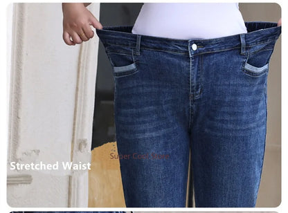 Plus Size Women Jeans 6XL Loose High Waisted Stretched 5XL Plus Size Female Denim Trousers Blue Girl Long Classic Straight Pants.