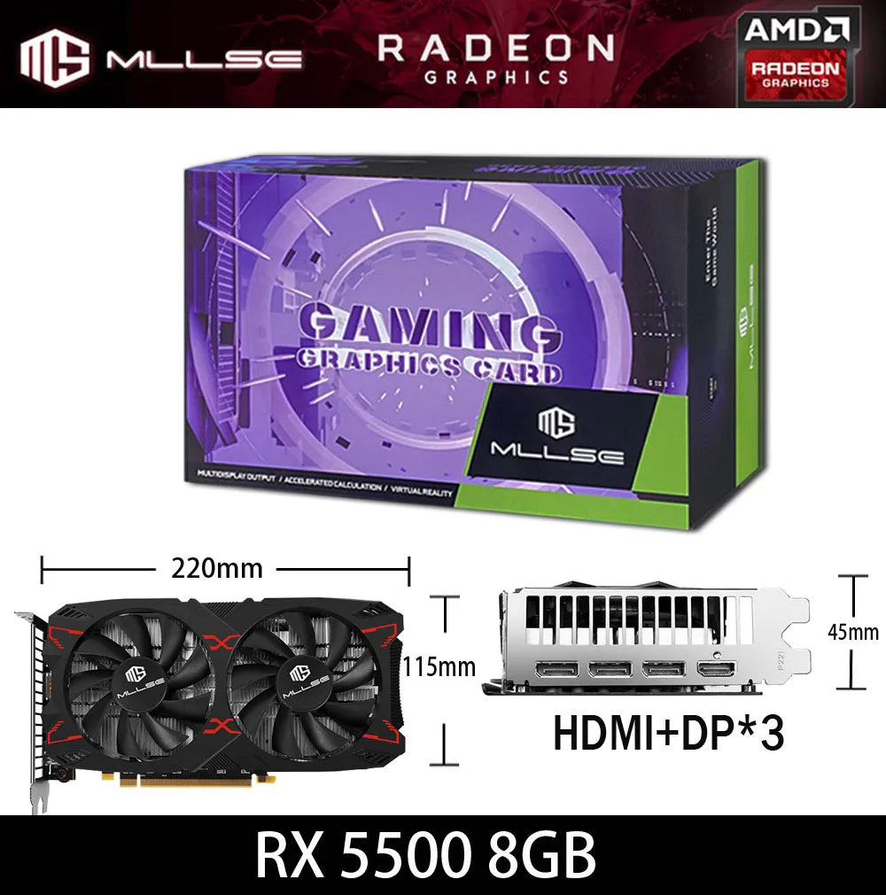 MLLSE Graphics Card RX 5500 8gb Placa De Video Gaming 7NM 128bit GDDR6 8Pin PCI Express 4.0 x 8 1717MHz DP*3 Desktop.