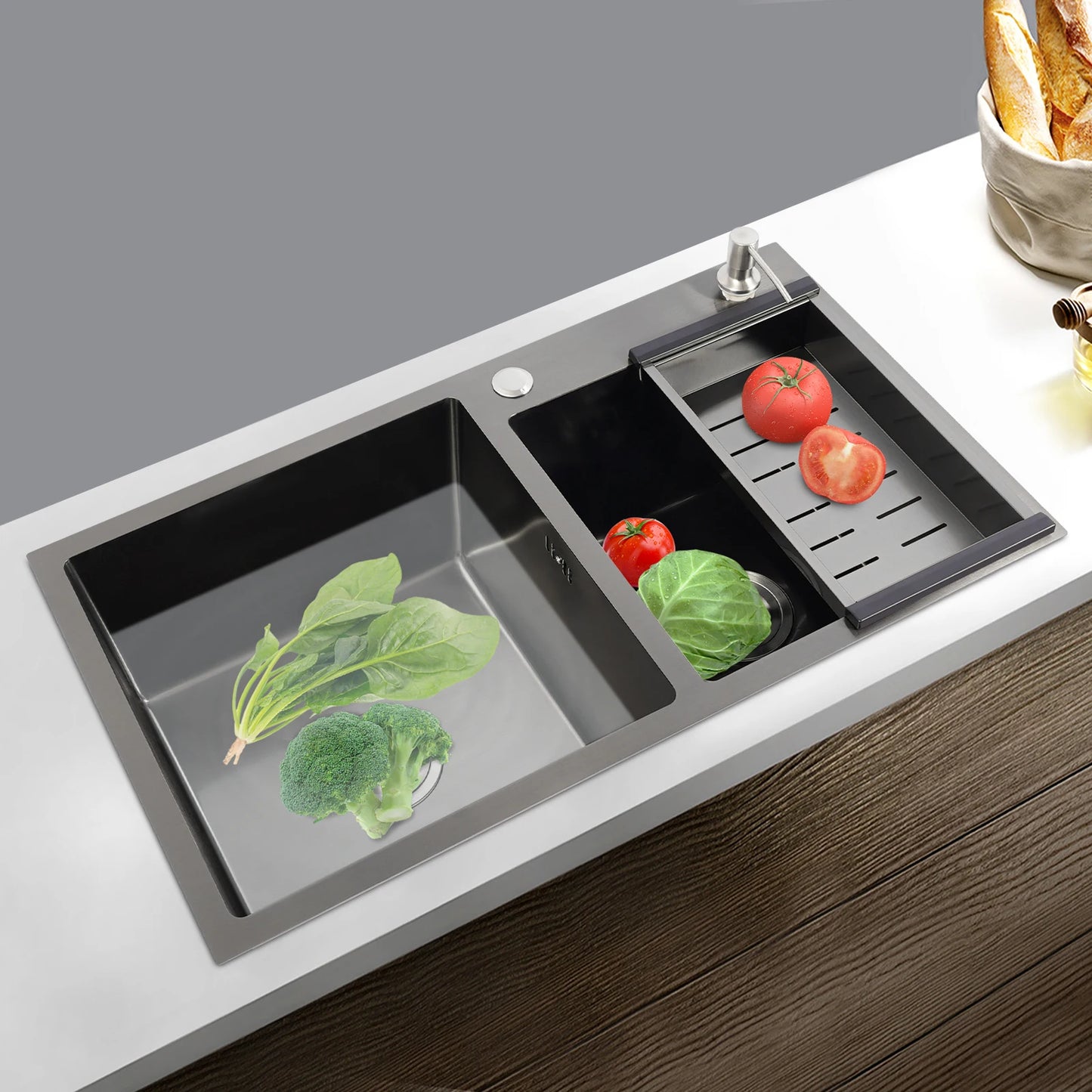 Schwarze Spüle aus Edelstahl 304, Doppelschüssel-Küchenspüle mit Seifenspender und Abflusskorb, großes Spülbecken