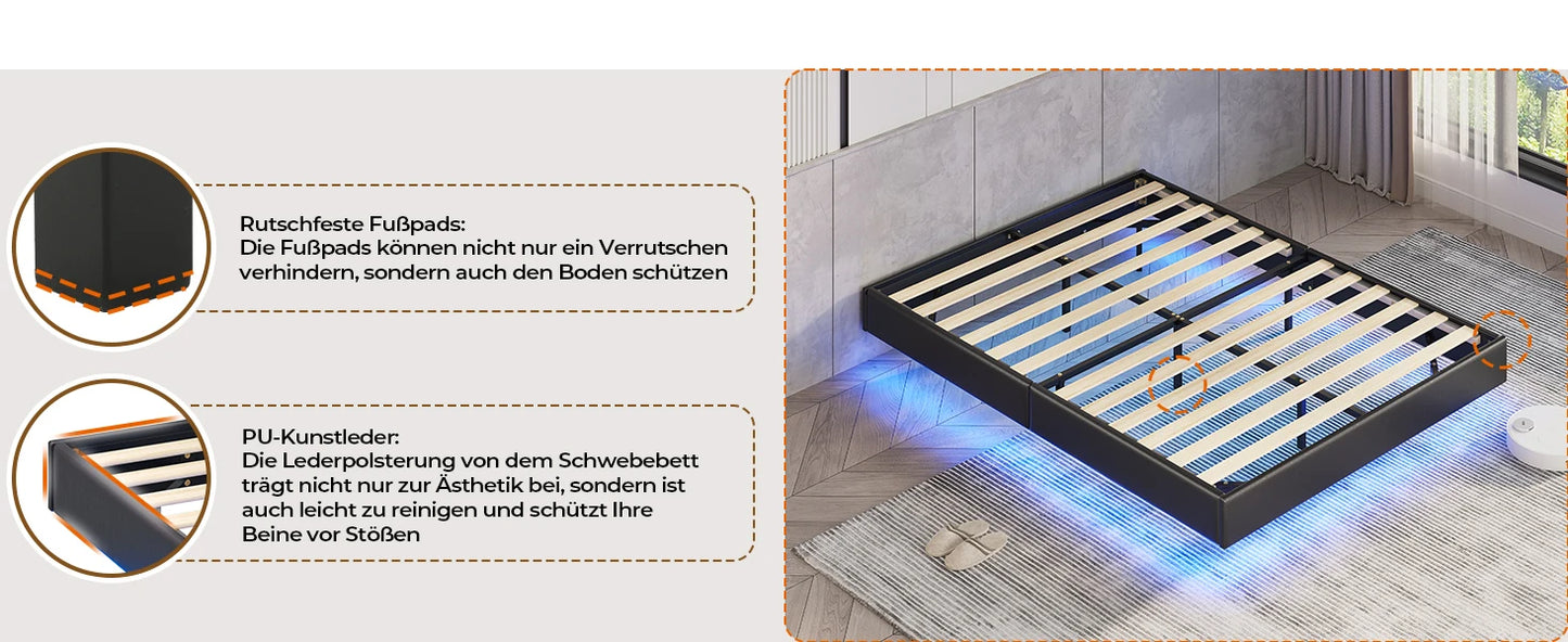 Bett 140x200 mit verstellbarer Beleuchtung, Bettgestell 140x200 mit weicher Polsterung, schwebender Bettrahmen, gepolsterte Jugendbe