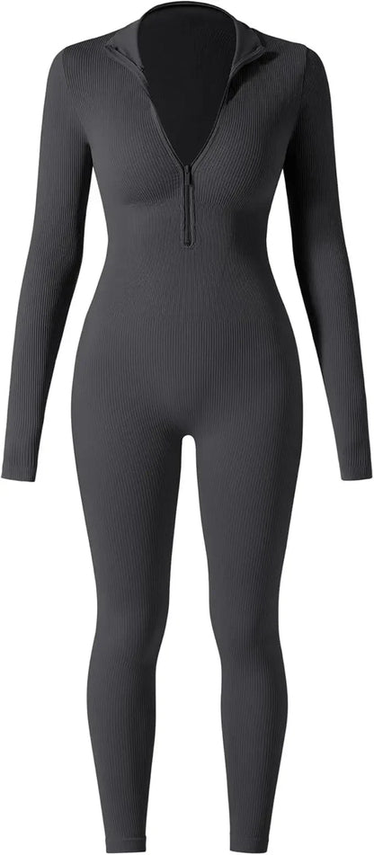 Seamless Long Sleeve Yoga Suit One-Piece Tightening Fitness Leisure Sports Jumpsuit with Zipper for Women