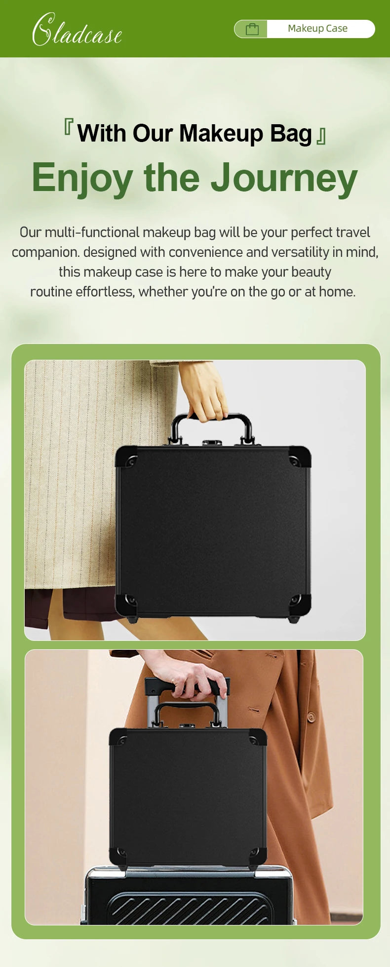 GLADCASE 2025 Portable Makeup Case with adjustable LED light Mirror carry Cosmetic Box Organizer train Beauty for dailry travel.