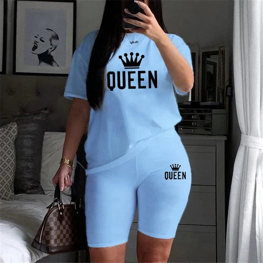 Sommer-Damen-Trainingsanzug, Queen-Druck, T-Shirt + Shorts, 2-teiliges Set, modische lässige Sportbekleidung, Kleidung, luxuriöser kurzer Jogging-Anzug