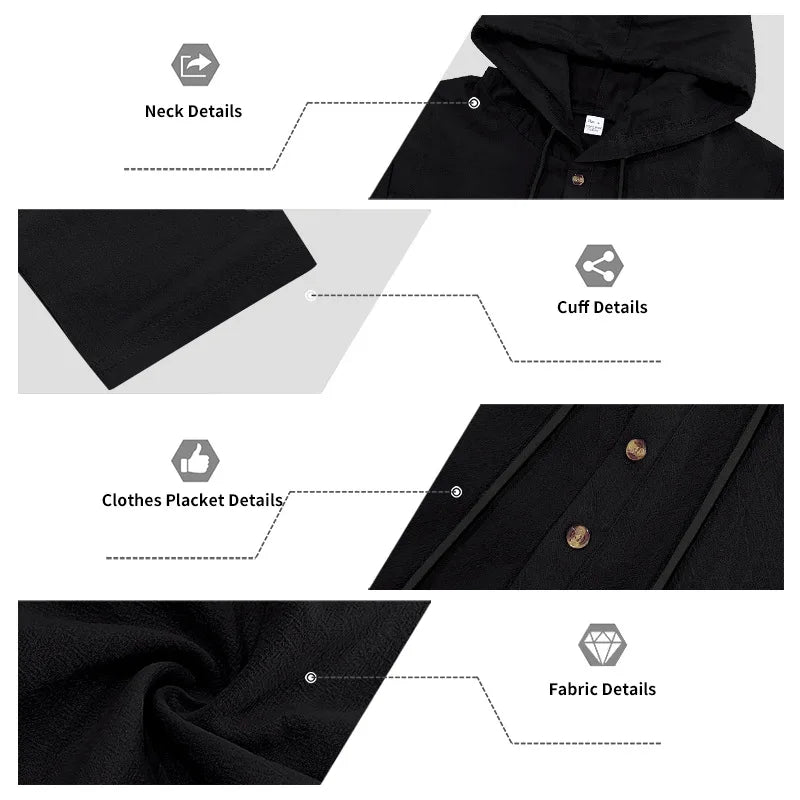 Cross-border Autumn Linen Men's Casual Suit Loose Hooded Henley Shirt Long Sleeve Pants Suit