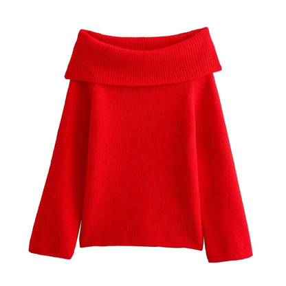 TRAFZA Frauen Fashion Solid Off Schulter Pullover Langarm Gestrickte Pullover Pullover Herbst Weibliche Casual Strickwaren Chic Top