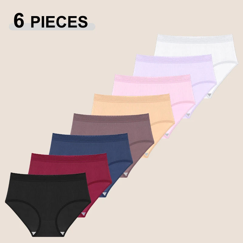 6PCS Women's Plus Size Lace Panties Seamless Solid Color Sport Cozy Physiological Underwear Female Breathable Elastic Lingerie.