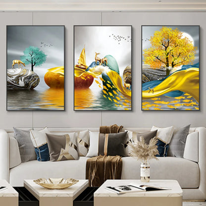 3 Pieces Nordic Luxury Ribbon Abstract Landscape Wall Art Canvas Paintings Modern Gold Deer Poster Print Picture for Home Decor.