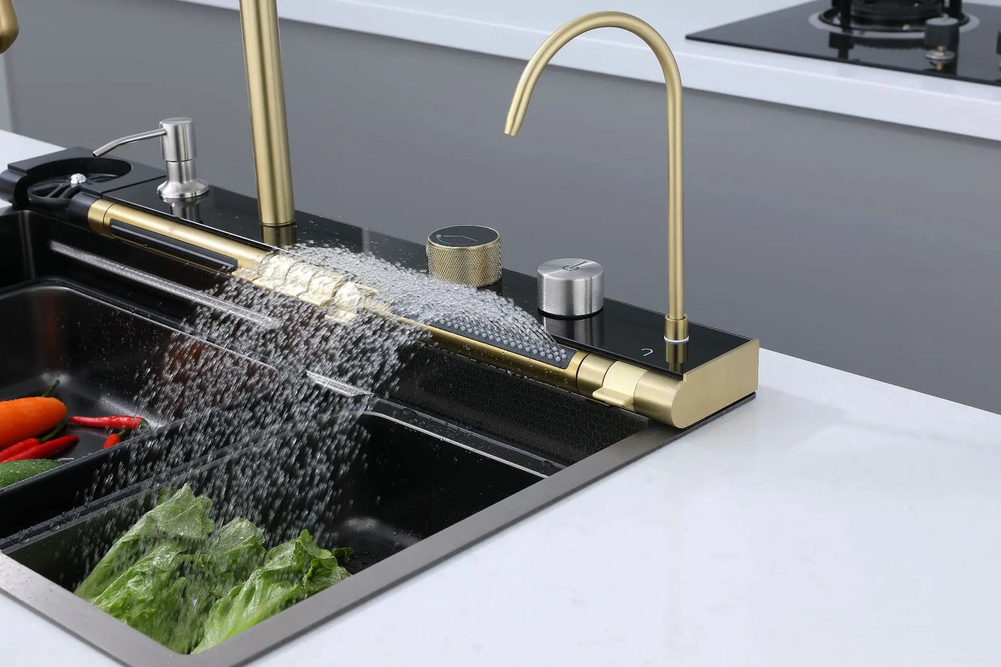 Golden Household Stainless Steel Waterfall Kitchen Sink MultiFunction Wash Vegetable and Dish Countertop Basin Large Single Slot