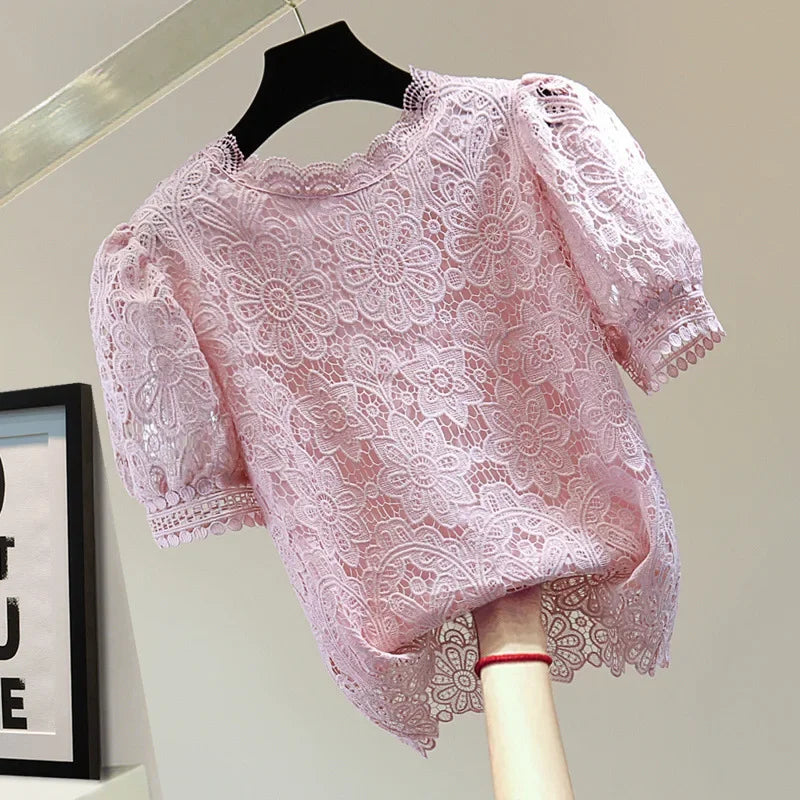 Loose Straight Korean Style Summer Top Pure Color Hooked Hollow out Ladies Lace Shirt Overhead Bubble Sleeve Women's Fashion.