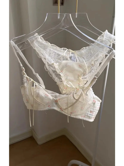 YUQI Kawaii Lace Bralette Set Japanese Floral Mesh Underwear Summer Ultra-Thin Lace-Up Cutout Romantic Bra 2024 New Kawaii set.
