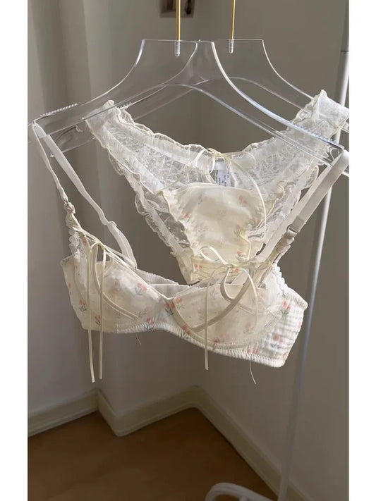 YUQI Kawaii Lace Bralette Set Japanese Floral Mesh Underwear Summer Ultra-Thin Lace-Up Cutout Romantic Bra 2024 New Kawaii set.