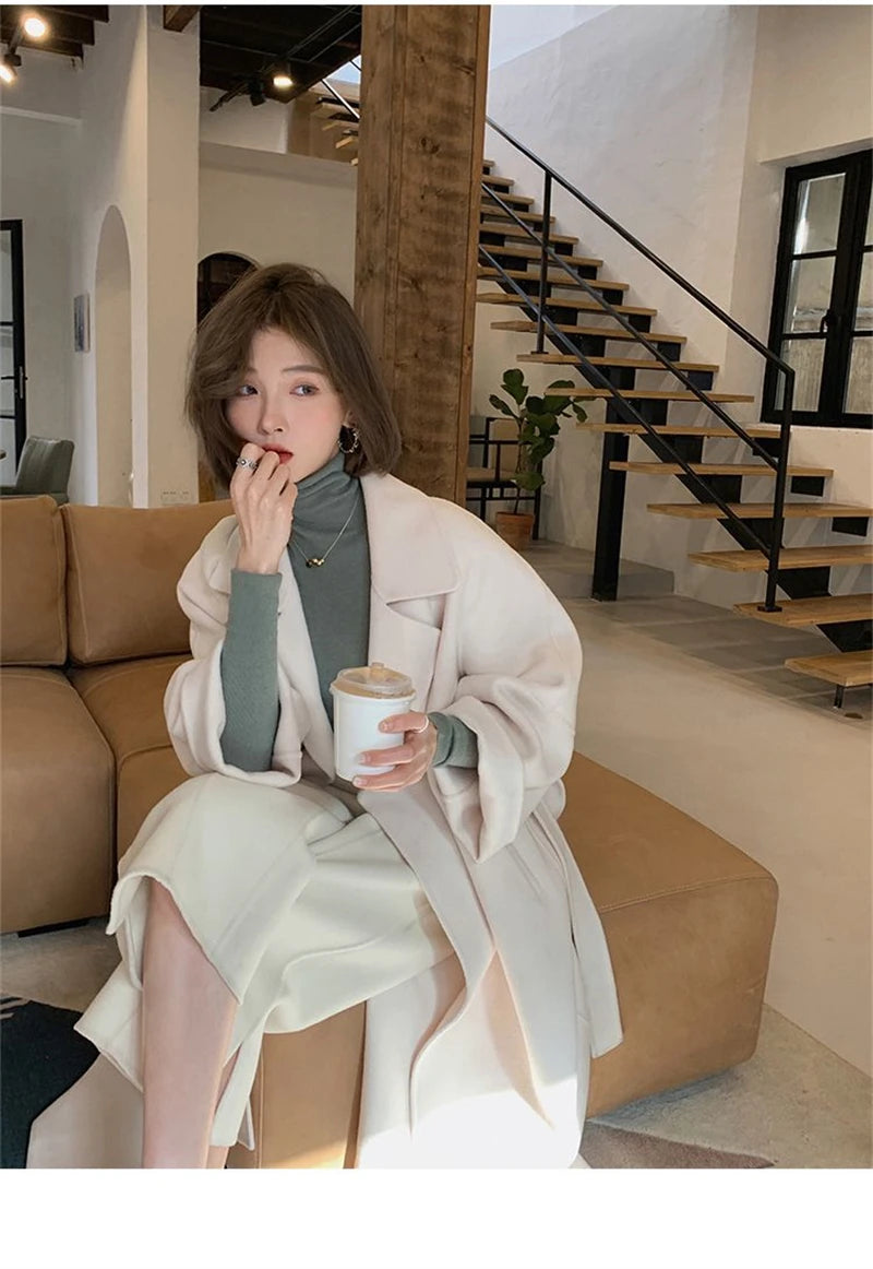 Mode Schwarz Lange Woolen Mantel Mit Gürtel Frauen Lose Revers Mantel Herbst Winter Warme Dame Oberbekleidung High Street