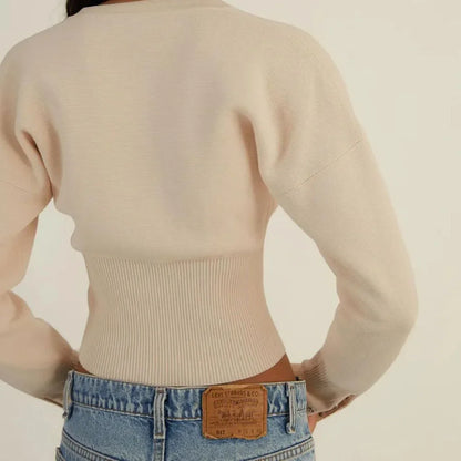 Women's High Waist Round Neck Single Breasted Cardigan Solid Long Sleeve Short Sweater Top Autumn Slim Bottoming Shirt