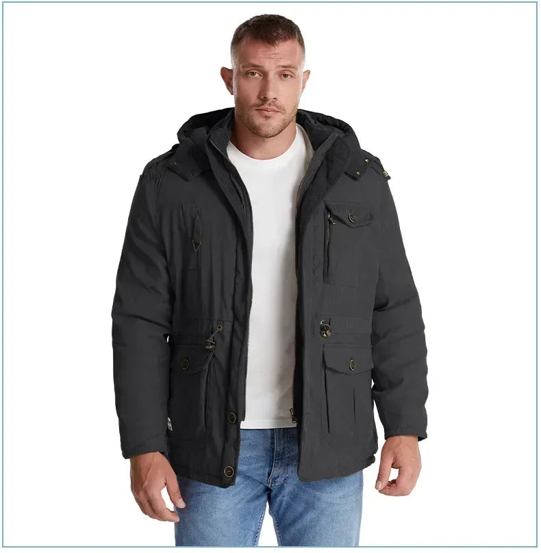 Men's Jacket WINTER USA SIZE Large SIZE Lamb Fleece JACKETS Hooded Cotton Thickened Multi Pocket Casual Mid length Coat