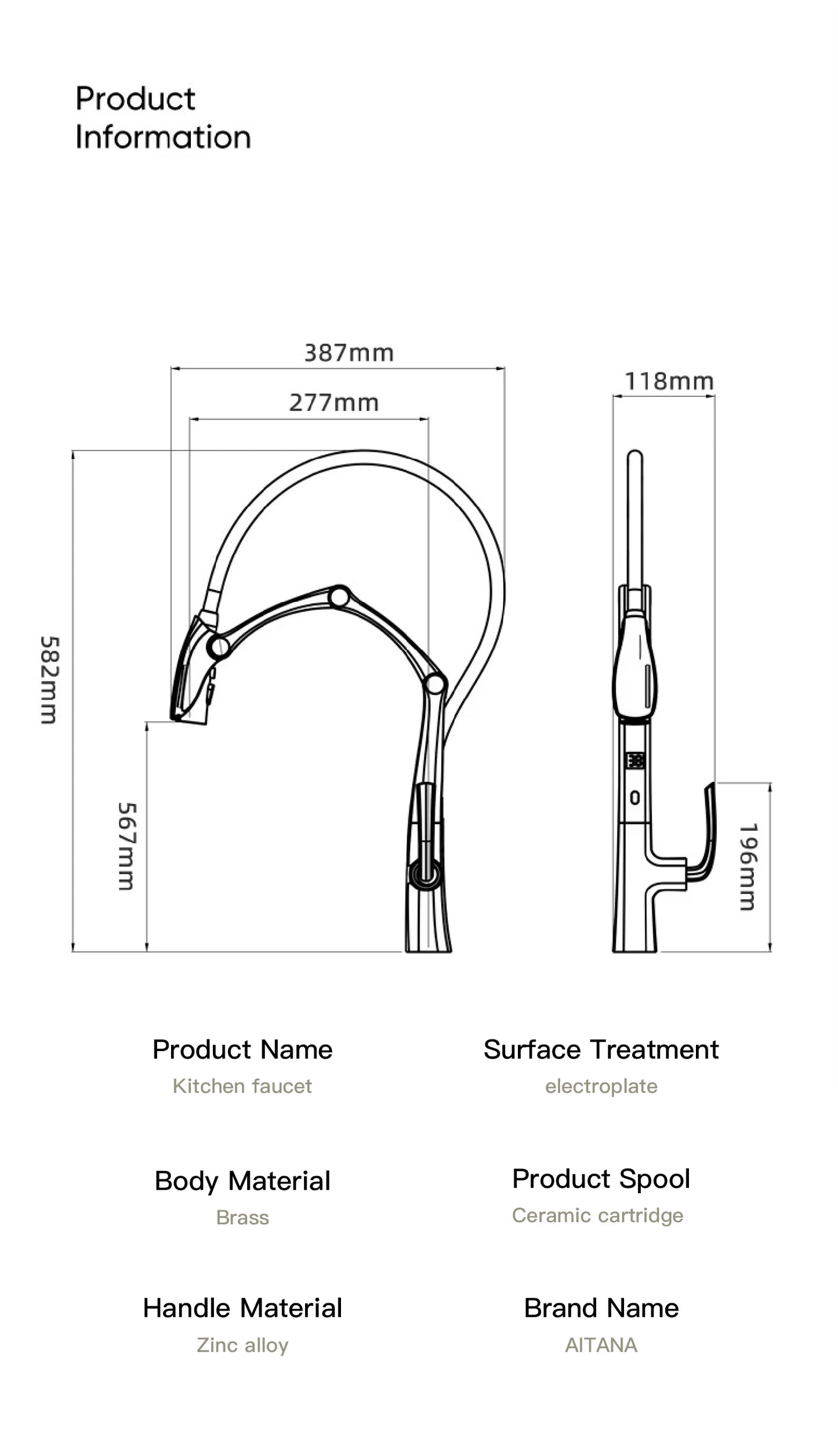AITANA Gun Grey Luxury Brass LED Display Kitchen Faucet，Touchless Sensor，Pull-Out 3-Function Spray Water-Saving SinK Mixer