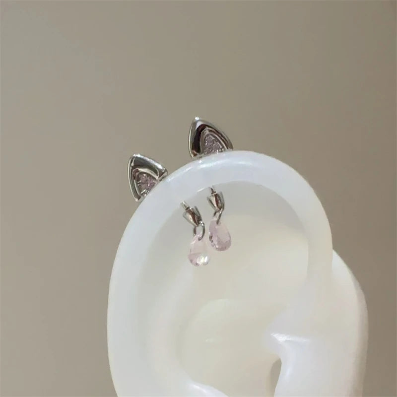 Silver Color Cat's Ear Droplet Shaped Zircon Stainless Steel Ear Bone Nail Earring for Women New Trendy Body Piercing Accessorie.