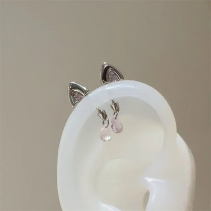 Silver Color Cat's Ear Droplet Shaped Zircon Stainless Steel Ear Bone Nail Earring for Women New Trendy Body Piercing Accessorie.