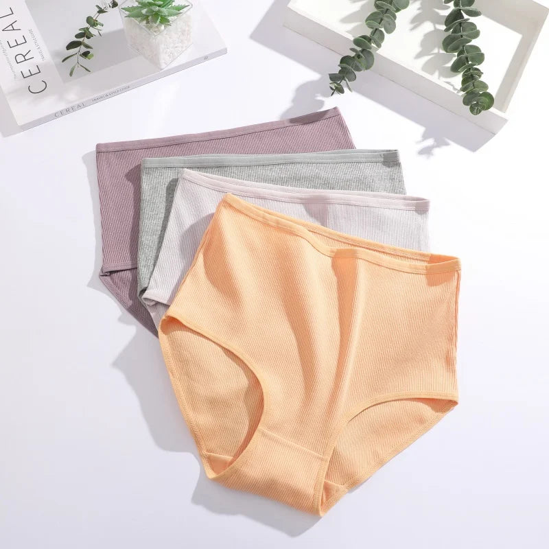 7Pcs Women's Cotton Panties Solid Color Plus Size Briefs Female Mid Waist High Elastic Underwear Cozy Breathable Lingerie S-2XL.