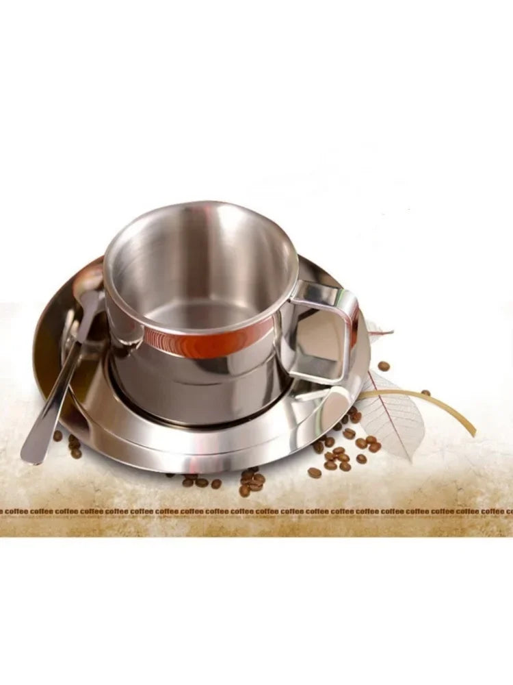 1Set Stainless Steel Coffee Cup Set Double Walled Heat Resistant Mug with Saucer Spoon Drink Tableware Kitchen Cafe Accessories.