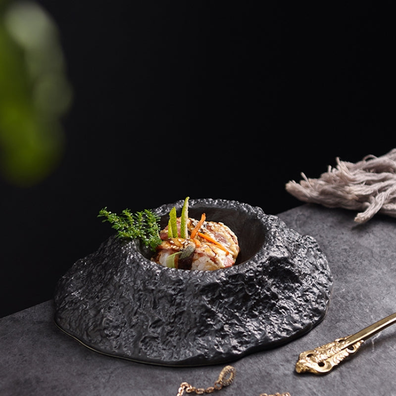 Volcano-shaped Black Deep Plate Creative Irregular Ceramic Tableware in Restaurant French Special-shaped Soup Plate Swing Plate.