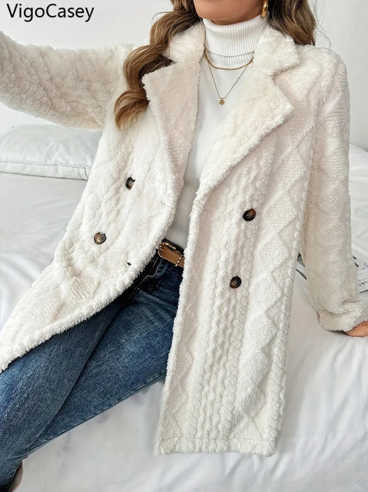 VigoCasey 2025, Herbst Winter Frauen Casual Jacke Weiß Dicken Plüsch Warme Mantel Langarm Weiche Strickjacke Dame Einreiher Mantel