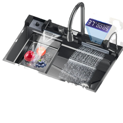 Edelstahl-Wasserfall-Küchenspüle, großes Einzelschlitz-Wasserhahn-Set mit integrierter Digitalanzeige, Seifenspender, Tassenwascher, 75 x 46 cm