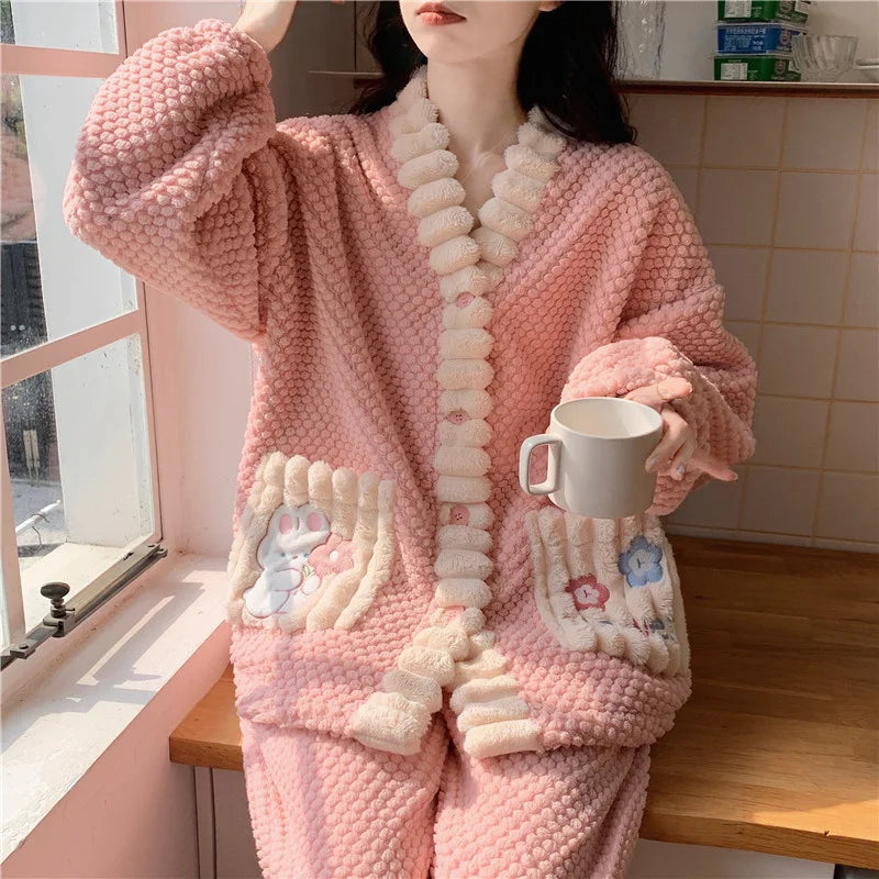 Winter Women Warm Fashion Pajama Sets Sweet   Elegant French Style Girlish Leisure Thicken Flannel Comfort Pajamas