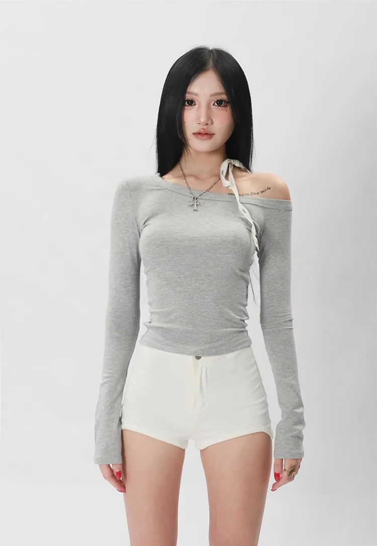 Women One Shoulder Long Sleeve Fitted Top.