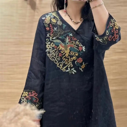 Schwerindustrie besticktes Kleid im Ethno-Stil, mittellang, Sommer, neuer Stil, Retro-Top, Rock mit Neun-Punkt-Ärmeln