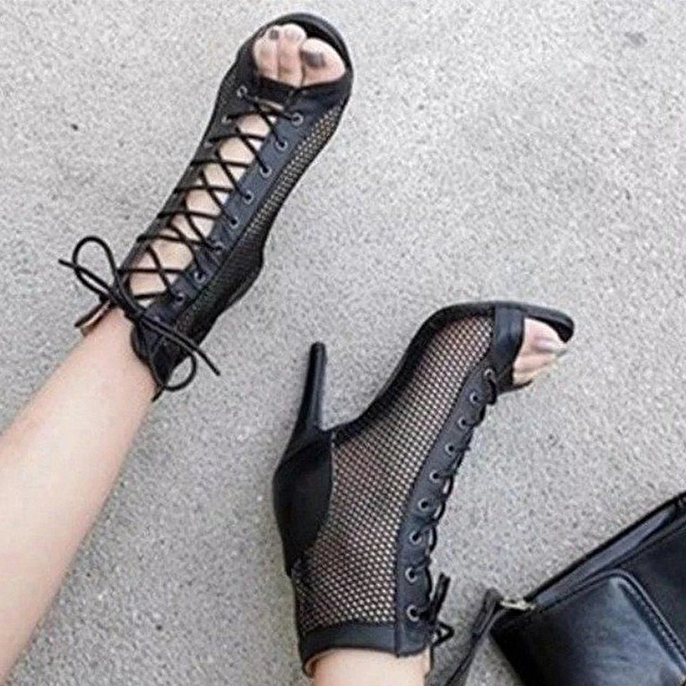 Women Mesh Sandals Breathable High Top Sandals Peep Toe Dance Shoes High Heel Summer Booties for Ballroom.