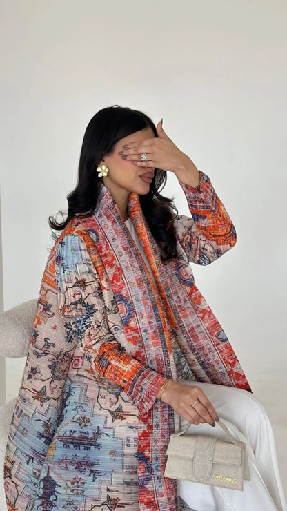 Abaya Miyake Pleated Printed Robe Jacket Arabian Dubai Style Women's Long Sleeve Conservative Demure Muslim Trench Coat 55inches.