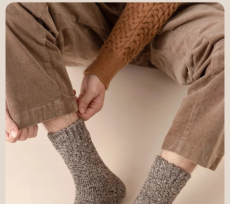 5 pairs of men's mid-calf thick winter fleece-lined thermal terry socks, blended cashmere solid color towel socks
